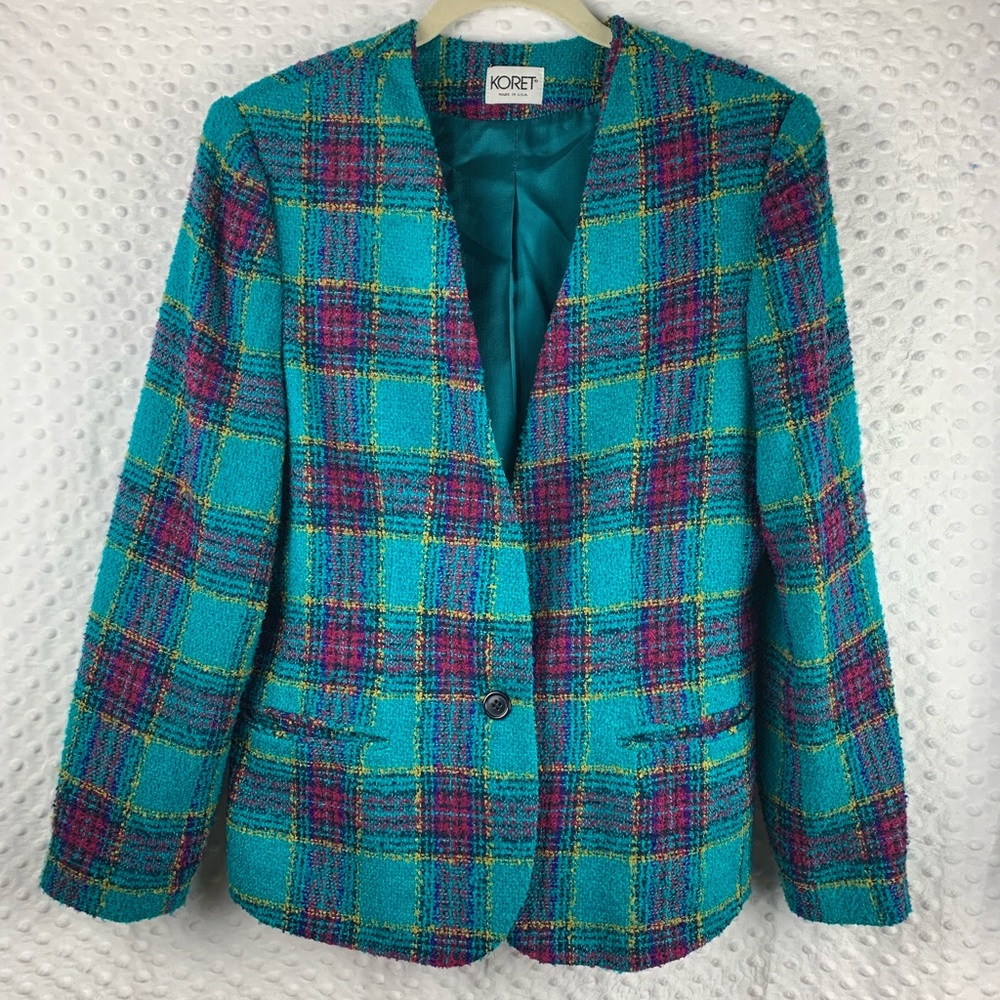 VINTAGE KORET Blazer 1980s Plaid Design Turquoise & Pink